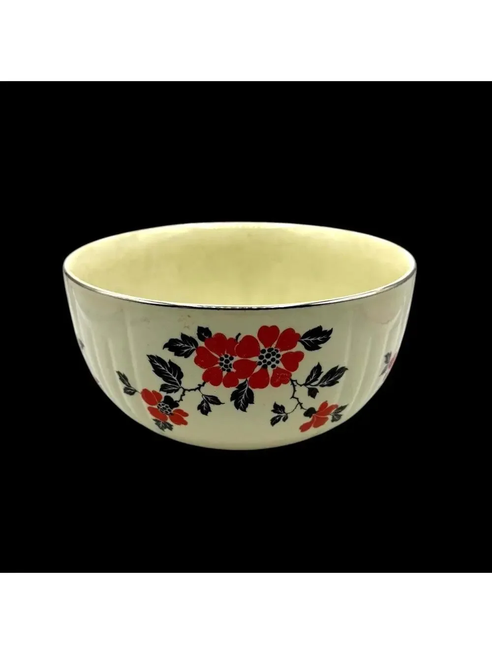 Vintage 1940s Hall China Mixing Bow, Red Poppy Pattern, Silver Rim